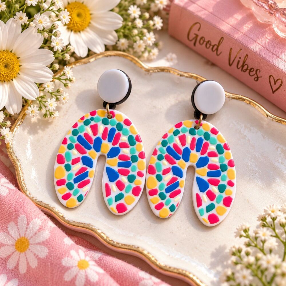 Colorful Mosaic Arch Dangle Earrings, Retro Boho White Statement Earrings